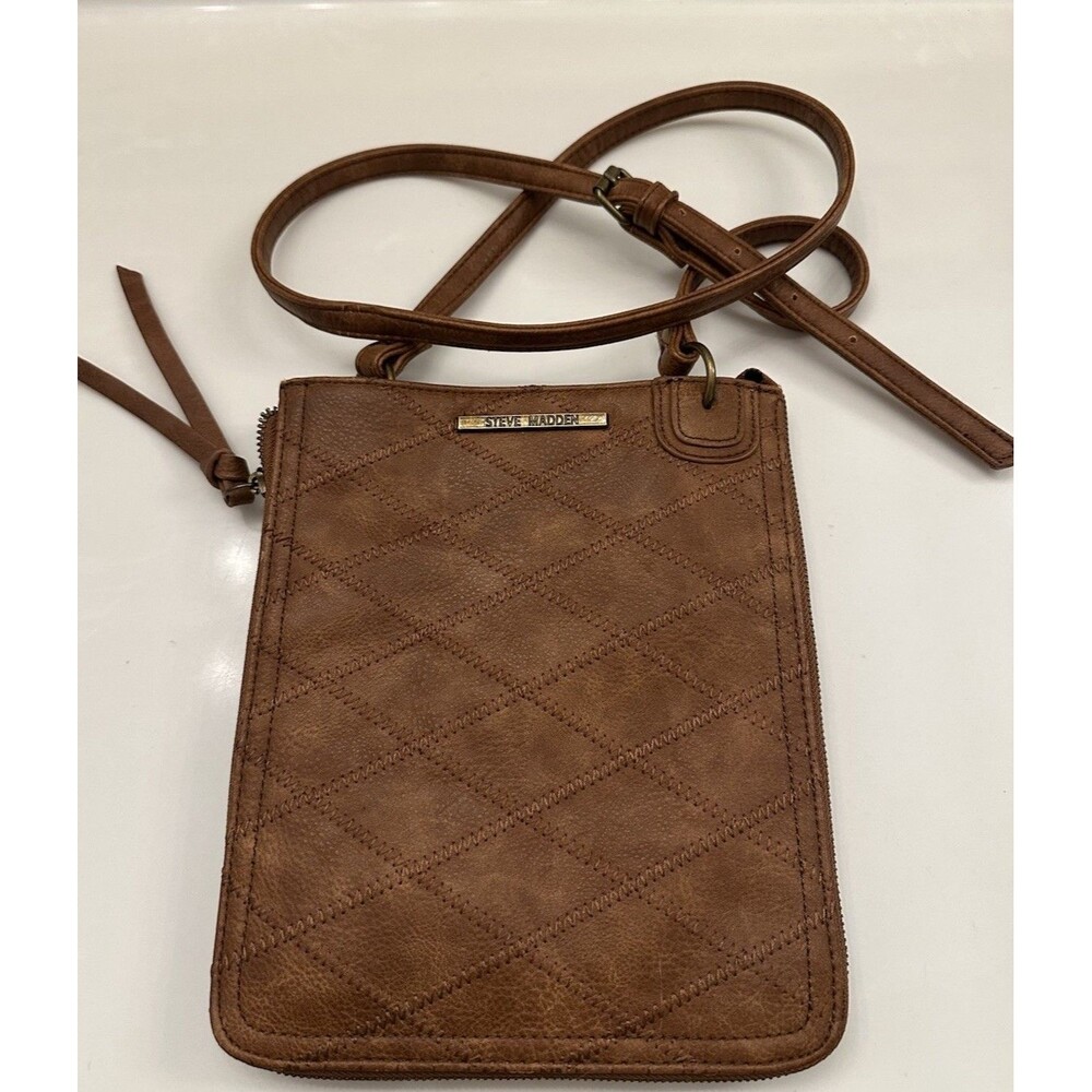 Steve Madden Vintage Crossbody Faux Leather Cognac Brown Zip Snap Purse Y2K Hobo
